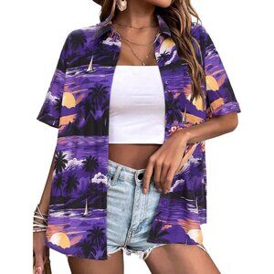 Women Purple Hawaiian Button Down Shirts Short Sleeve Casual Floral Shirt
